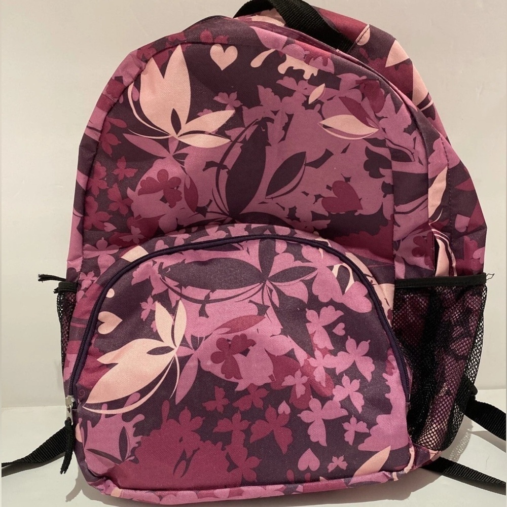 Navy, Pink Flowers Backpack with small pocket and two mesh pockets in side 🔴